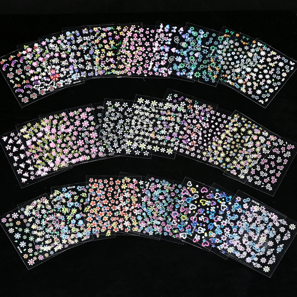 3D Colorful Flowers Cherry Blossoms Rose Daisy Nail Decals 20/30/60/70/90pcs Cute Heart Nail Sticker Manicure Decoration 5.5*6cm