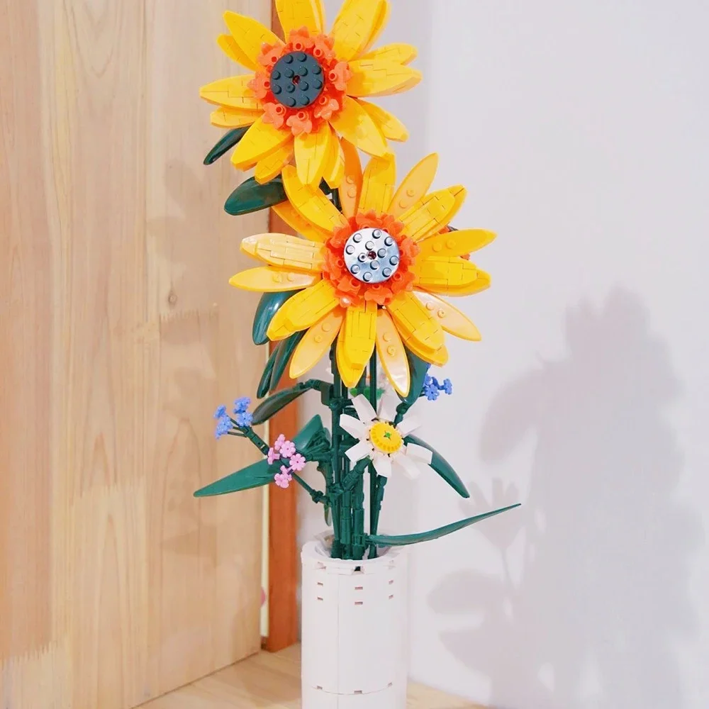 Tournesol en pot pour décoration de maison, modèle floral, briques de bricolage, jouet de fleurs, construction de nuits, cadeaux pour enfants, filles, créativité, nouveau, 821 pièces