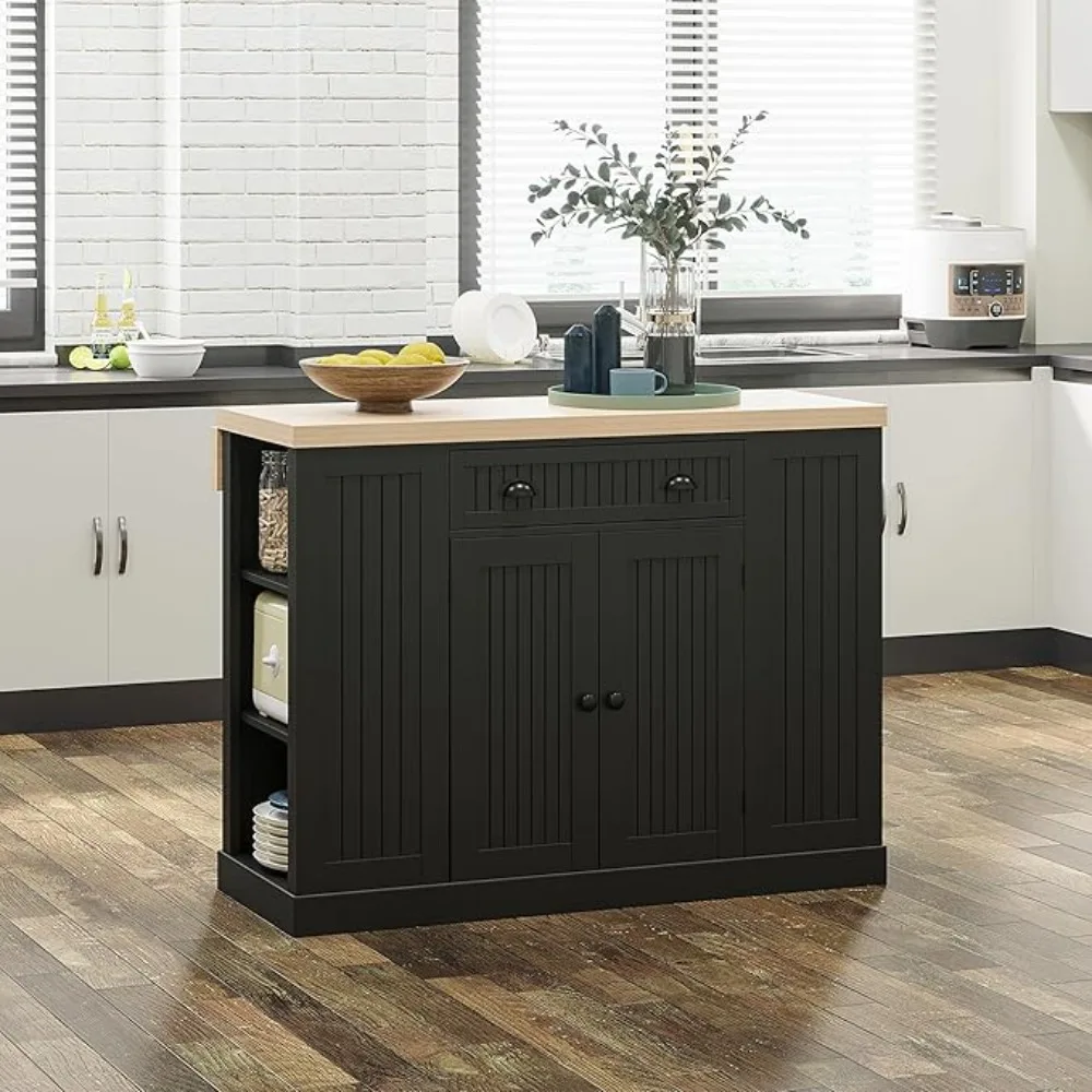 

47" Fluted-Style Wooden Kitchen Island, Kitchen Countertop Storage Cabinet with Drop Leaf, Drawer, Open Shelves, Storage