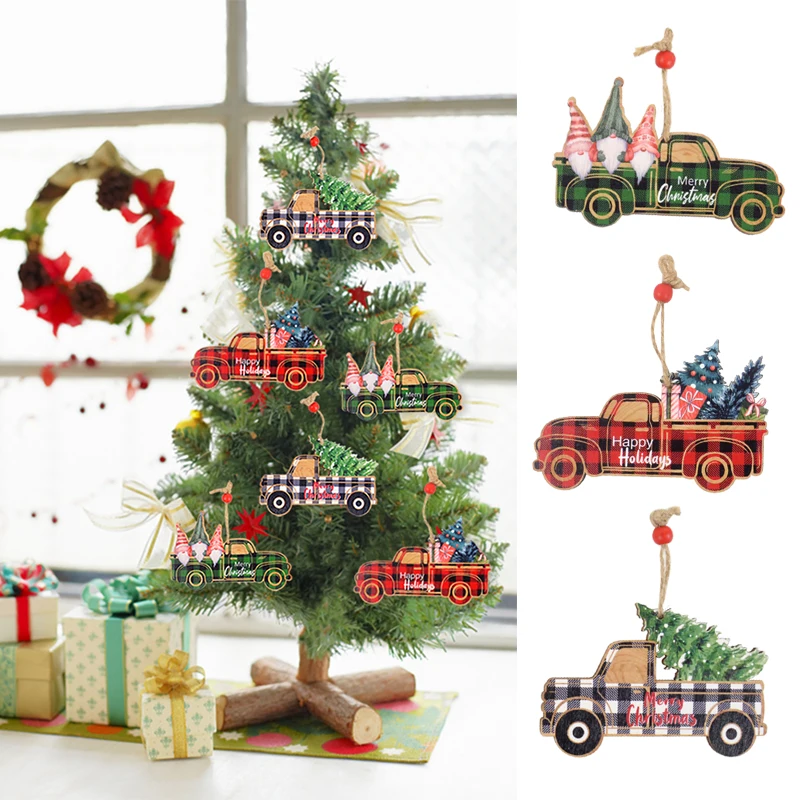 

1PC Wooden Christmas Pendant, Red Green Gray Checkered Car Christmas Tree Home Hanging Decoration New Year Navidad Gift