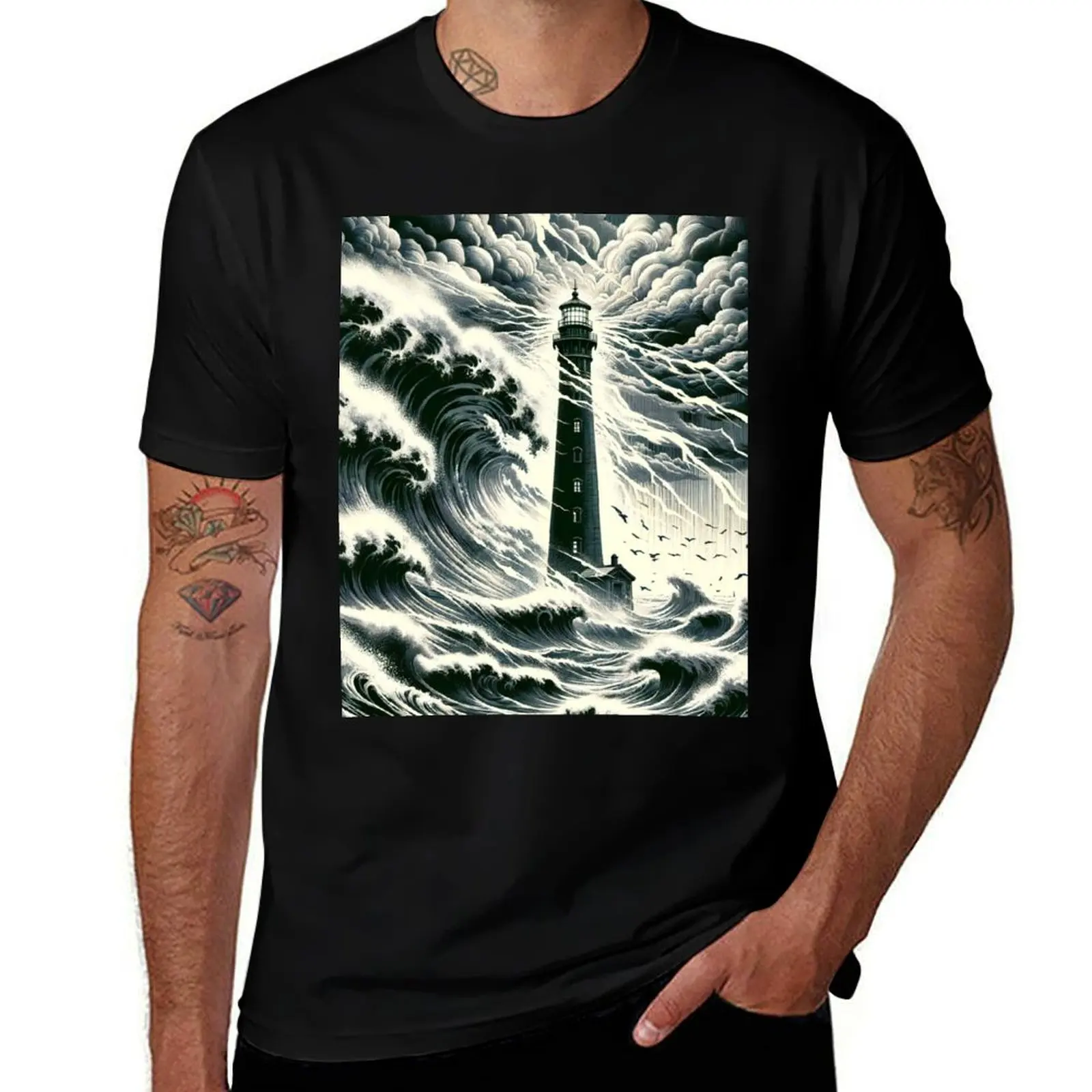 Beacon Amidst Fury Lighthouse in Storm's Grasp T-Shirt Lightweight Running Sports T-Shirt