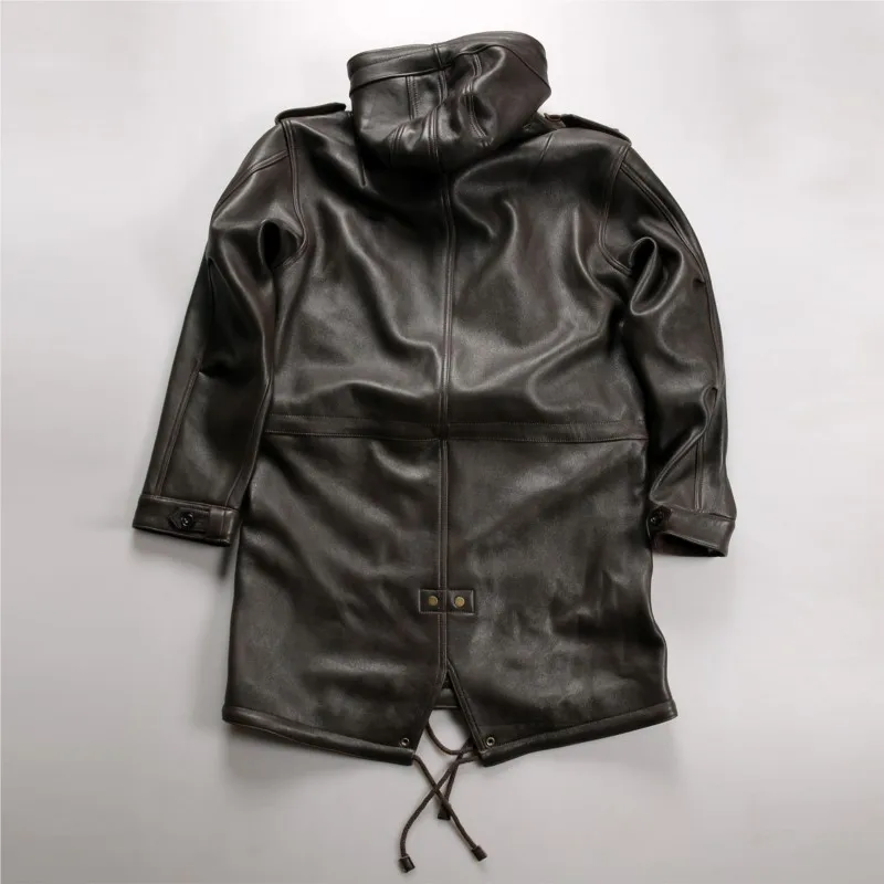 Mid-length hooded leather trench coat for men loose sporty and casual workwear fishtail