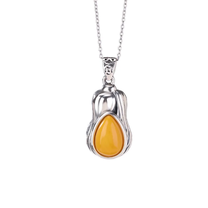 925 Sterling Silver Jewelry Vintage Amber Cabbage Necklace Pendant for Women Wedding Party Jewelry For Friend Gift