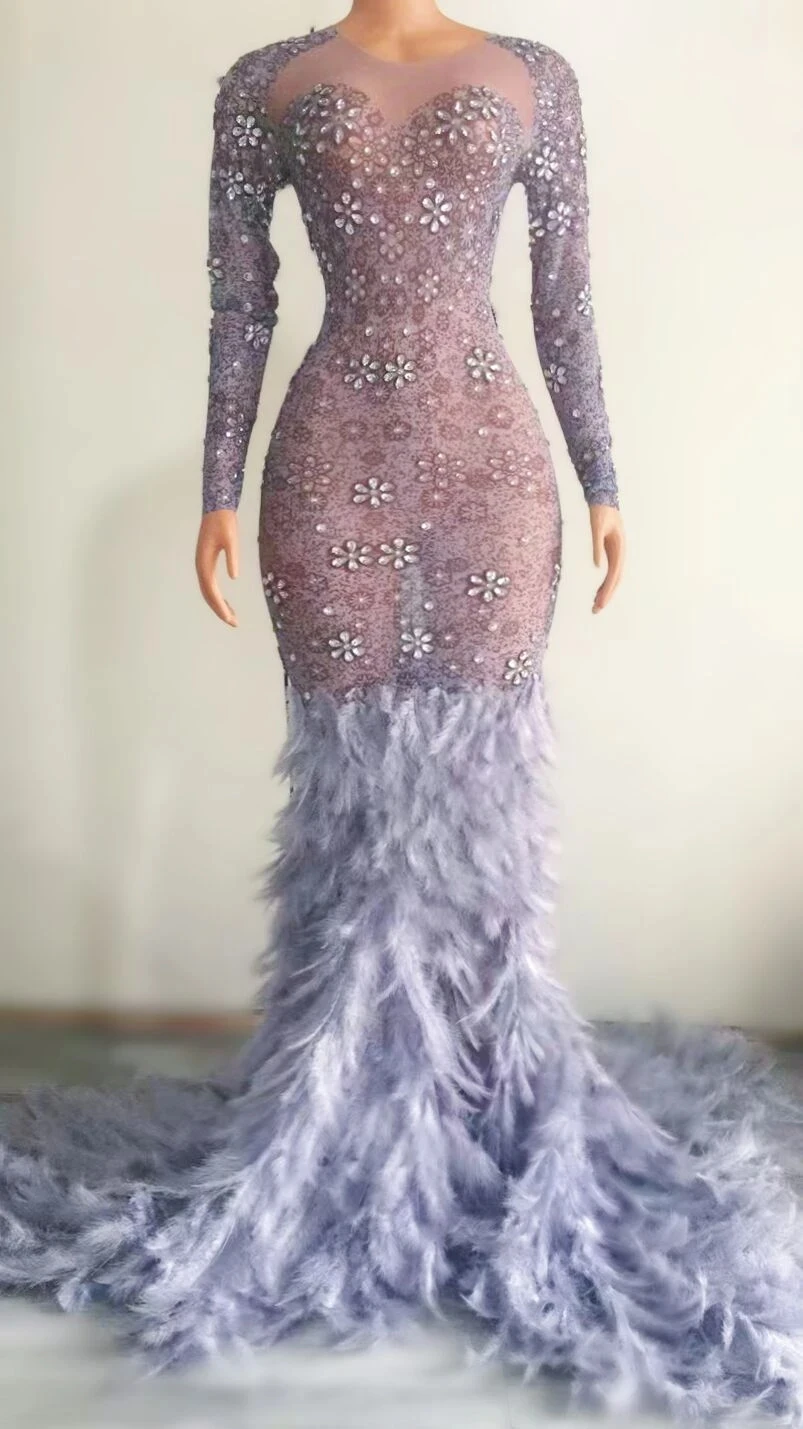 Vestido largo de tren de plumas de diamantes de imitación para mujer, traje de fiesta de noche para boda, cumpleaños, celebración