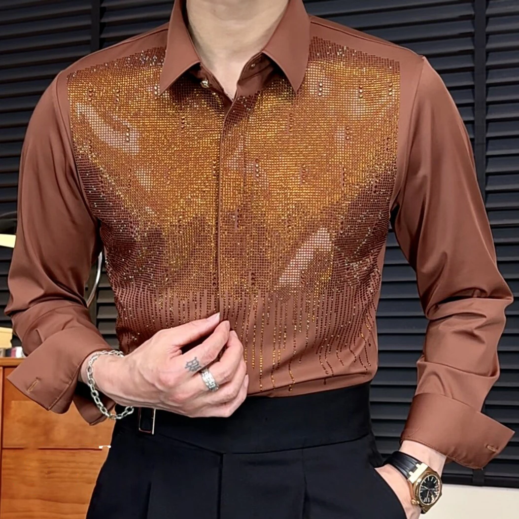 

British Style Flower Shirt Men Versatile Top Quality Fashion Hot Diamond Print Shirt Men Suited Rhinestone Long Sleeve Shirt