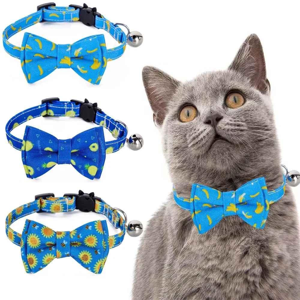 3pcs Cat Collar with Bowtie and Tiny Bell Bandana Pineapple Sunflower Printed Adorable Adjustable Pet Accessories for Kittens