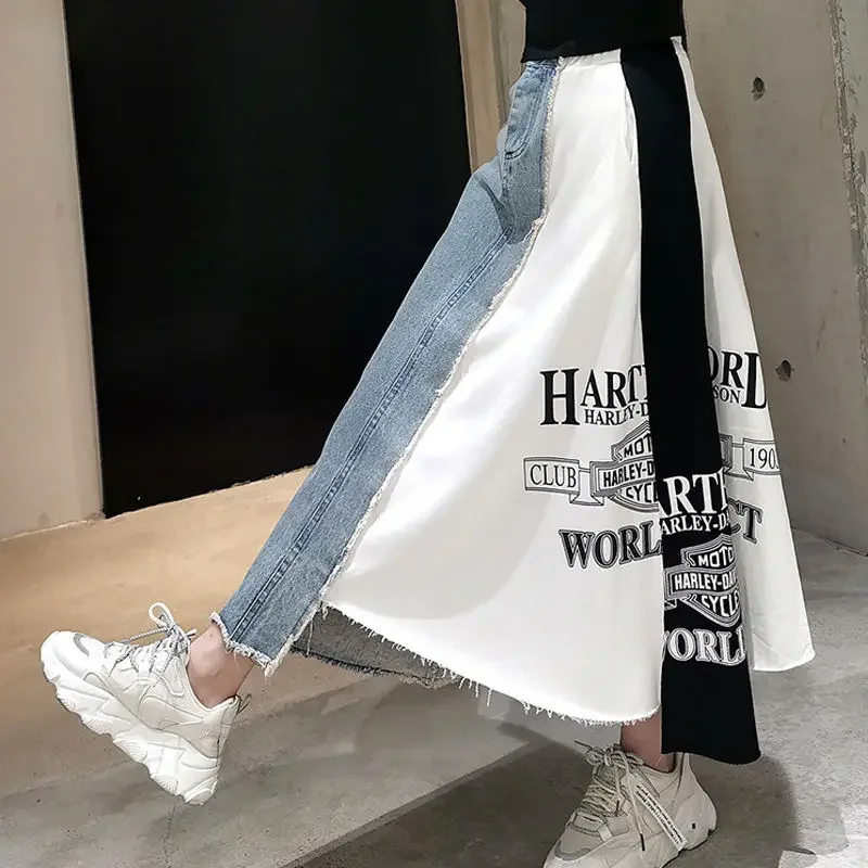 Spring Autumn New Fashion Skirts Women Korean Loose Letter Printing Denim Skirt High Waist Mid-length Skirt