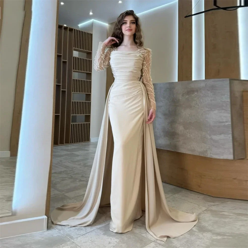 Customized Prom Dresses Women Gown Formal Square Collar Column Floor Length Skirts Shirred Draped Beading Pearl Bespoke