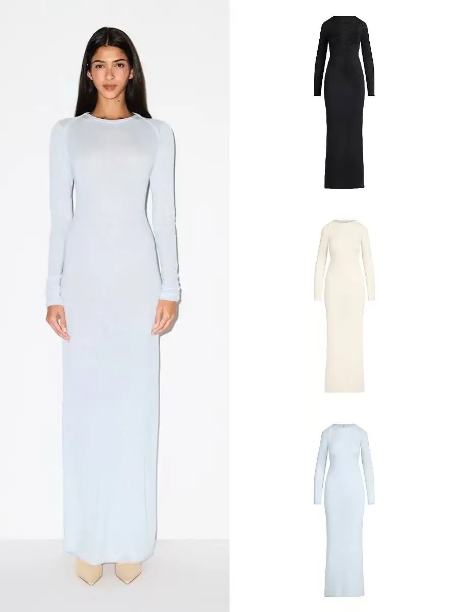 

Сексуальное длинное трикотажное платье Pure Color round Ne Long Sve Overhead Slim Fit Casual O pe H Version Modal Fiber 00% l ...