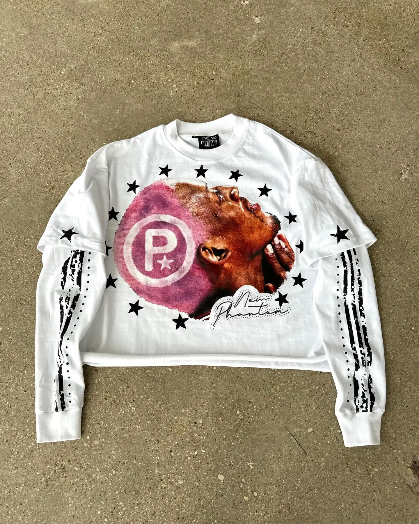 White Stars Printed Fake Two Pieces Fashion Casual Long Sleeve T-Shirts Gothic Rock Hip Hop Cotton Sweatshirts New Crop Tops