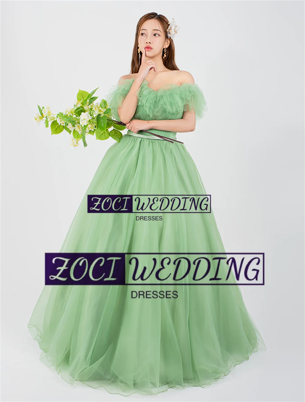 Zoci Elegant Green Korea Wedding Dresses Off Shoulder Ruffles Customized Photos Shoot Dress Belt A Line Bride Reception Dress