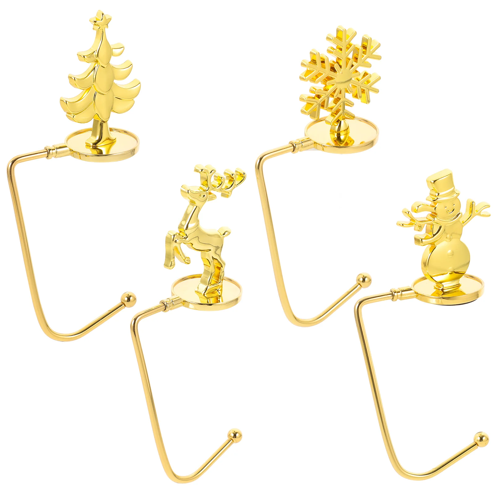 

4 Pcs Christmas Hook Stocking Holders Golden Straight Hooks Snowflake Deer Tree Snowman Mantel Fireplace Metal Reusable