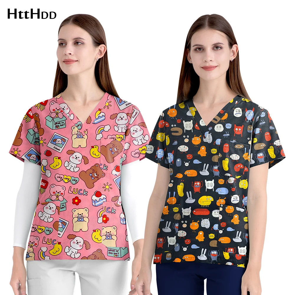 Uniforme de estilista de uñas, Tops de limpieza de Spa, ropa a prueba de polvo, estampado de algodón, uniforme de enfermera, blusa médica, accesorios de enfermería