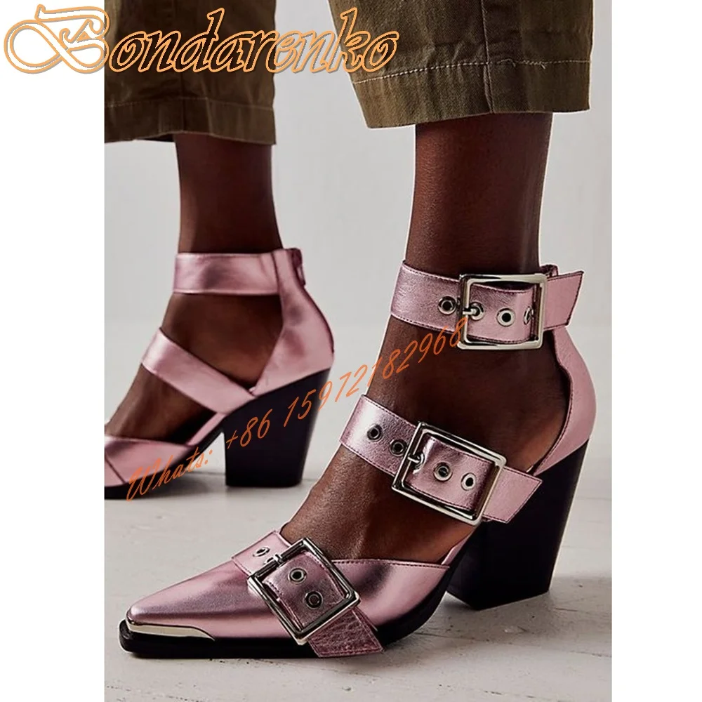 Belt Buckles Chuny Heels Pumps Pointy Toe Straps Rivet Hollow Solid Women Dress Shoes Leather Sexy Designer Pumps Spring Autumn