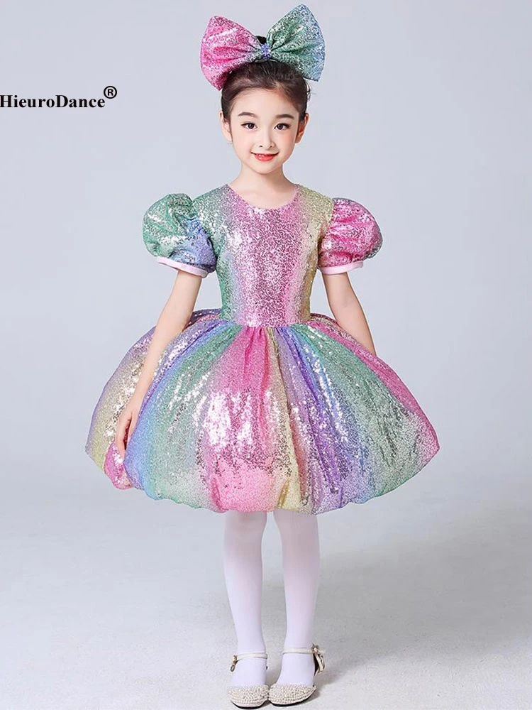 Vestido de Ballet con lentejuelas para niñas, Ropa de baile moderna, tutú de actuación, siete colores