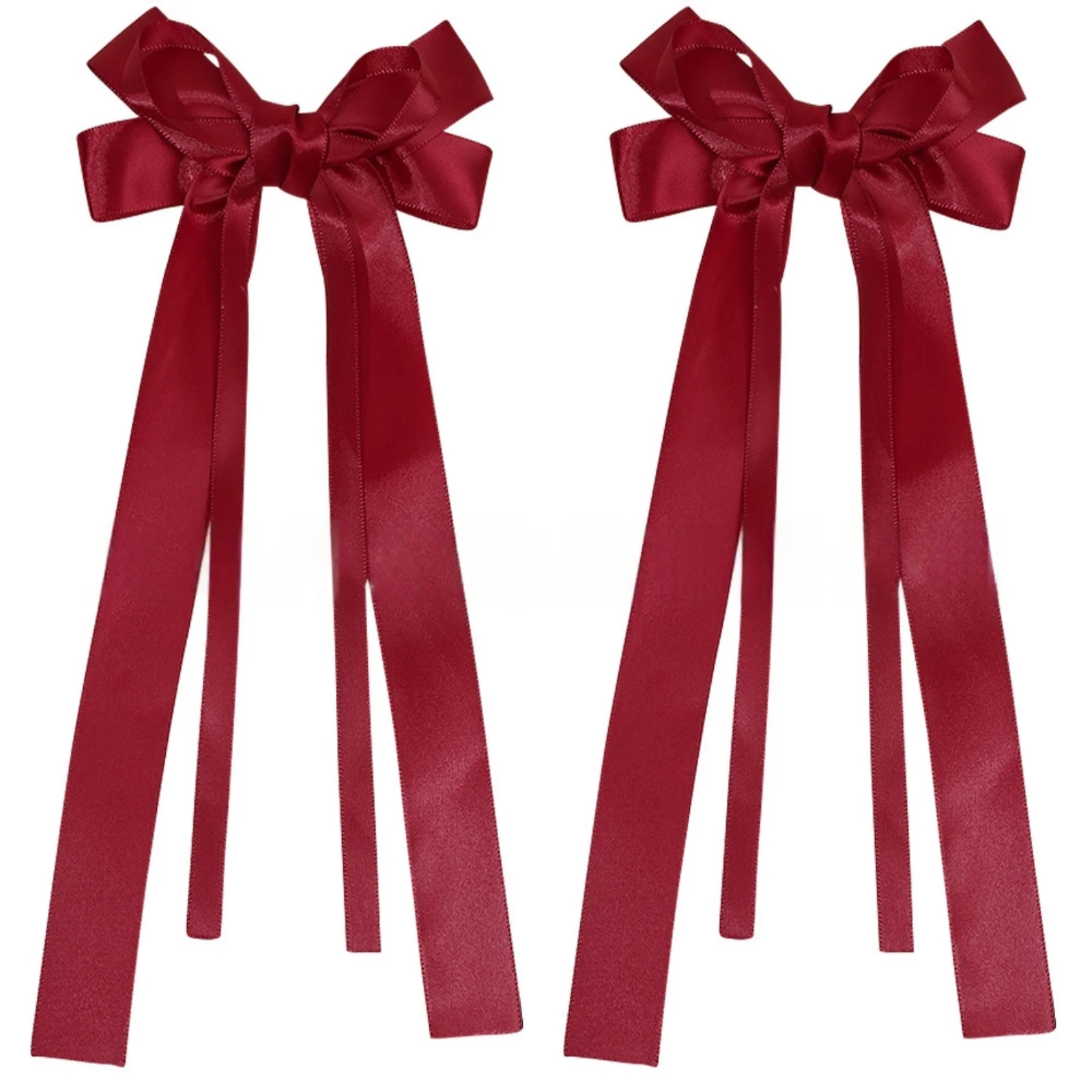 2pcs Long - Ribbon Bow Hair Clips for Girls, 4 - Piece Set in White, Pink, Beige & Burgundy, Sweet Hair Accessories for Kids