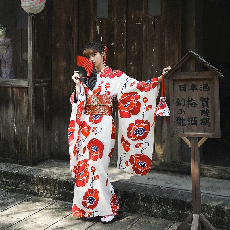 Traditional Japanese Furisode Kimono Red Flower Prints Women Yukata Cosplay Costume Stage Performing Dress