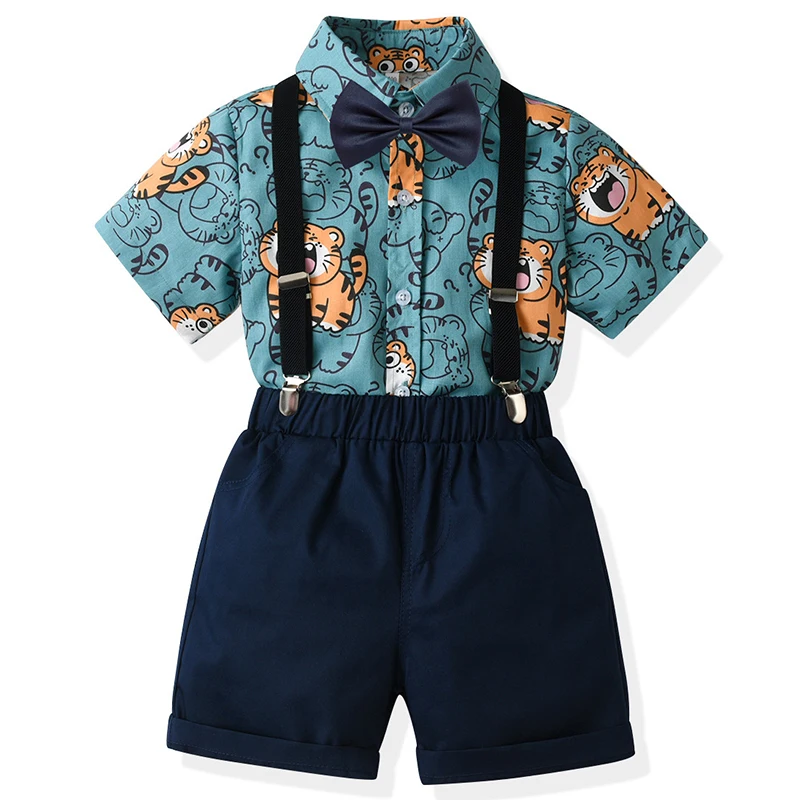 

4PCS Summer Baby Boy Luxury Clothes Fashion Casual Gentleman Cartoon Short Sleeve Tops+Shorts+Straps+Tie Kids Clothing Set BC630