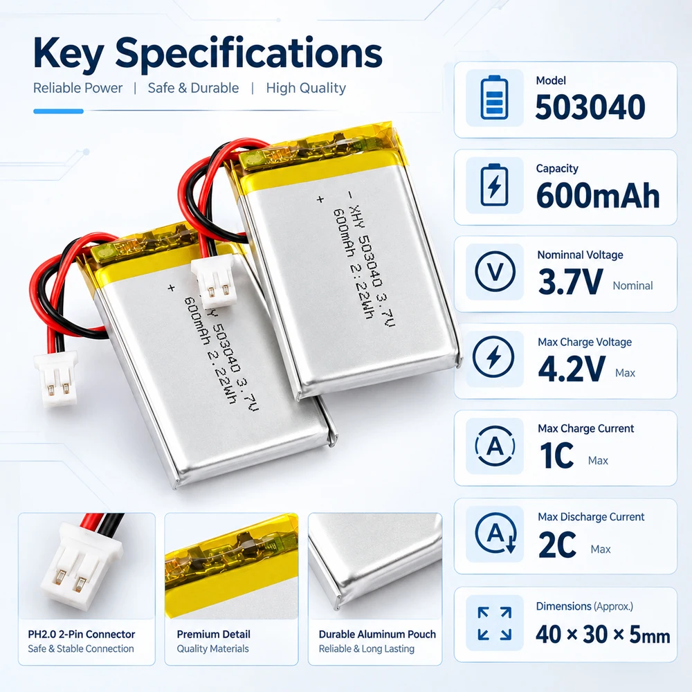 503040 600mAh 3.7V Li-Po Rechargeable Battery PH2.0 2-Pin Plug LithiumPolymer ReplacementBattery for GPS Speaker DIY Electronics