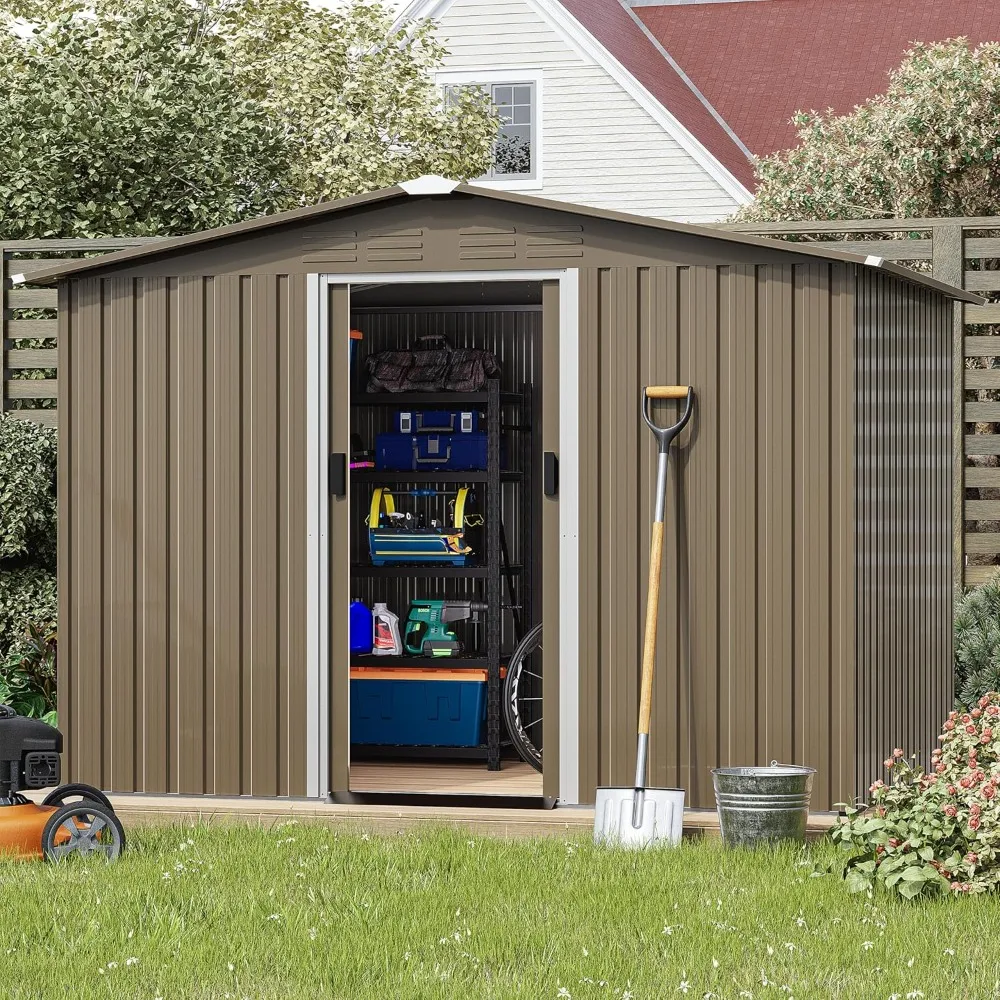 

8 x 6FT Outdoor Storage Shed Waterproof, Large Garden Tool House with Air Vents and Lockable Sliding Door, Garden Metal Shed