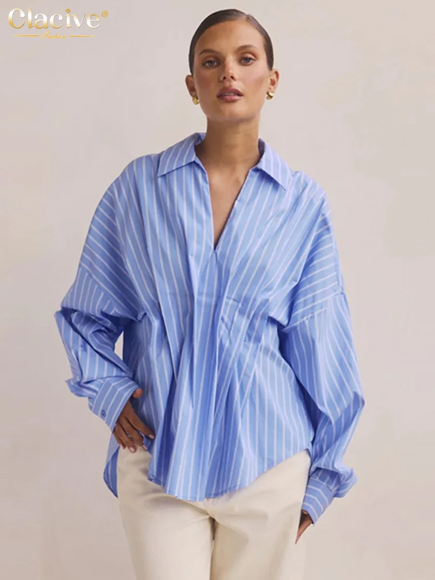 

Clacive Fashion Loose Stripe Women's Blouse 2025 Casual Lapel Long Sleeve Lady Shirt Elegant Classic Pleated Top Female Clothing