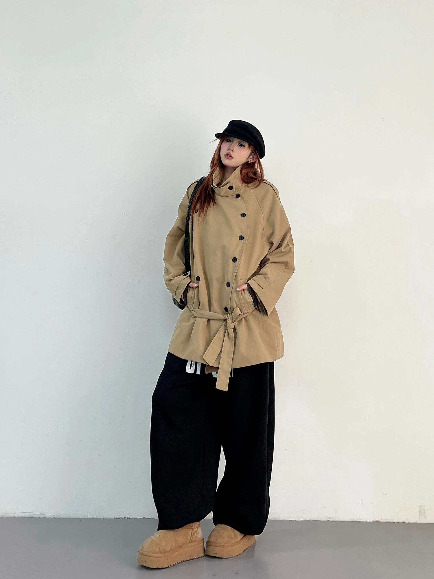 Damskie kurtki w stylu angielskim, dwurzędowe, vintage, ze sznurowaniem w talii, krótkie, codzienne, luźne, z stójką.