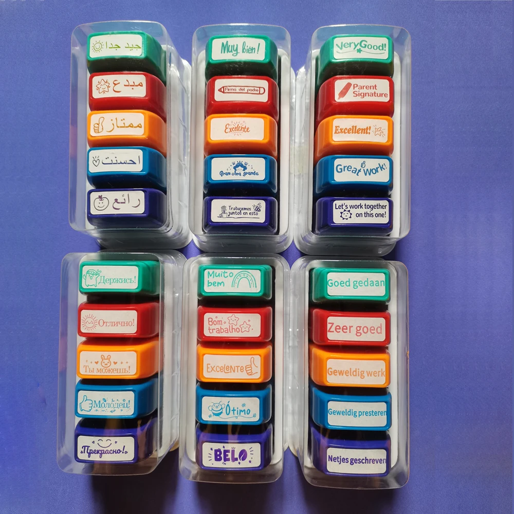 ختم مراجعة المعلم الملون مكون من 5 قطع باللغة الإنجليزية والعربية والبرتغالية الهولندية والإسبانية والروسية يمكن اختيارها لتشجيع الطفل #6