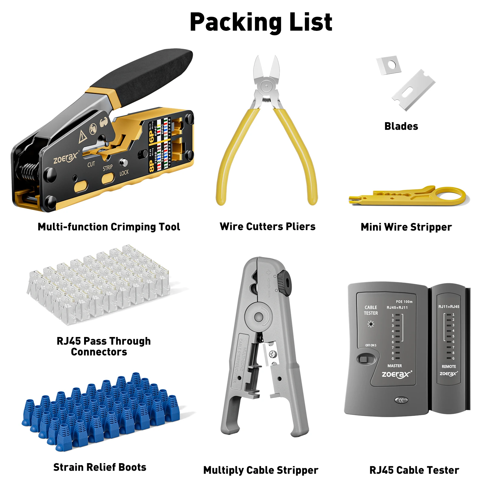 ZoeRax 8 in 1 RJ45 Crimp Tool Kit,Crimper tool,Cable Tester,Wire Cutter,Blades,50Pcs Cat 6 Connectors and Strain Relief Boots