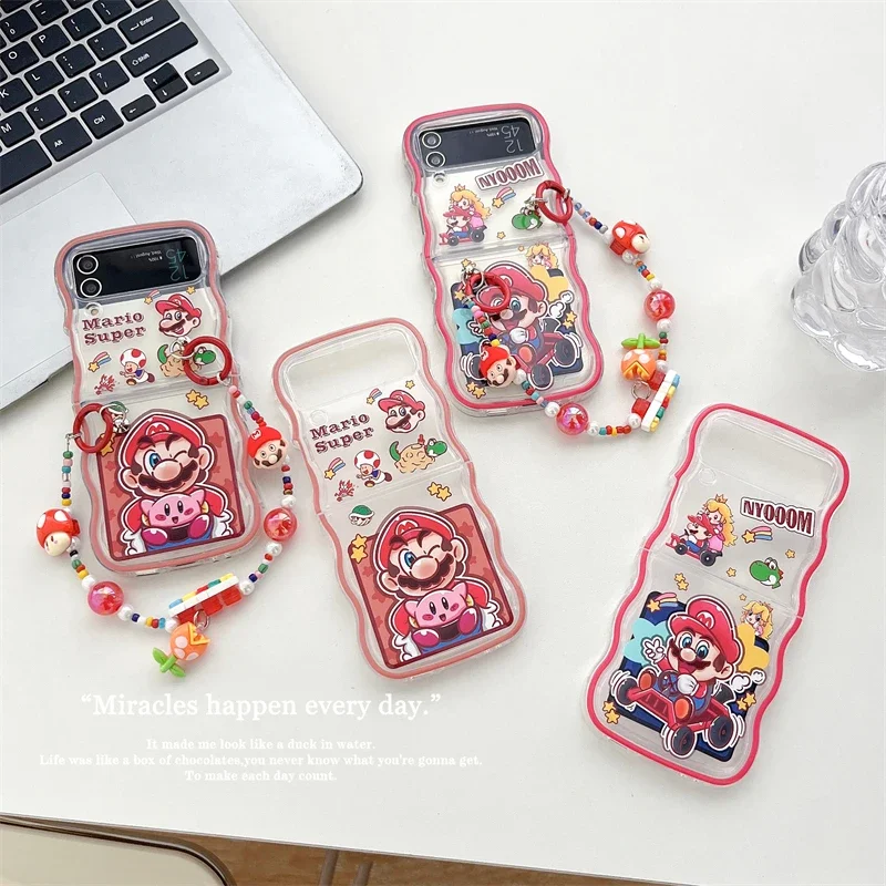 Cute Cartoon Game Marios Brothers with Lanyard Phone Case for Samsung Galaxy Z Flip 3 4 5 5G PC Hard Anti-drop Back Cover Funda