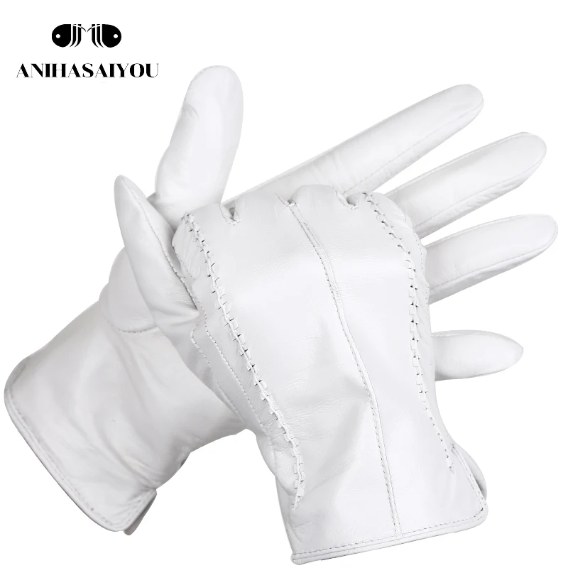 Fashion white leather gloves women Genuine Leather White gloves sheepskin Short comfortable Women\'s gloves warm lining-2226D