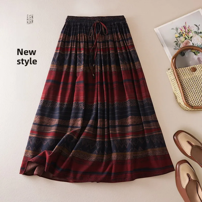 تنورة Faionable على شكل حرف A تنورة عرقية غير رسمية مخططة بخصر عالٍ تنورة متوسطة الطول لربيع وصيف وصلت حديثًا للسيدات...