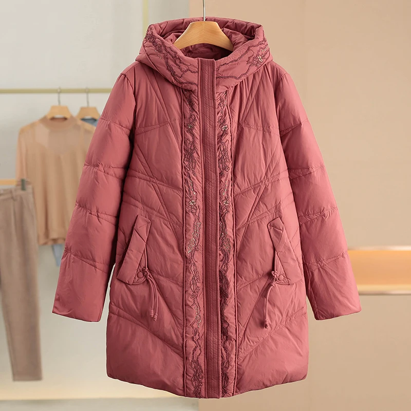 

Goose down Embroidered Hooded Puffer Jacket Mid-Length Mommy Clothes Winter Warmth Women's Fashion New Style 626