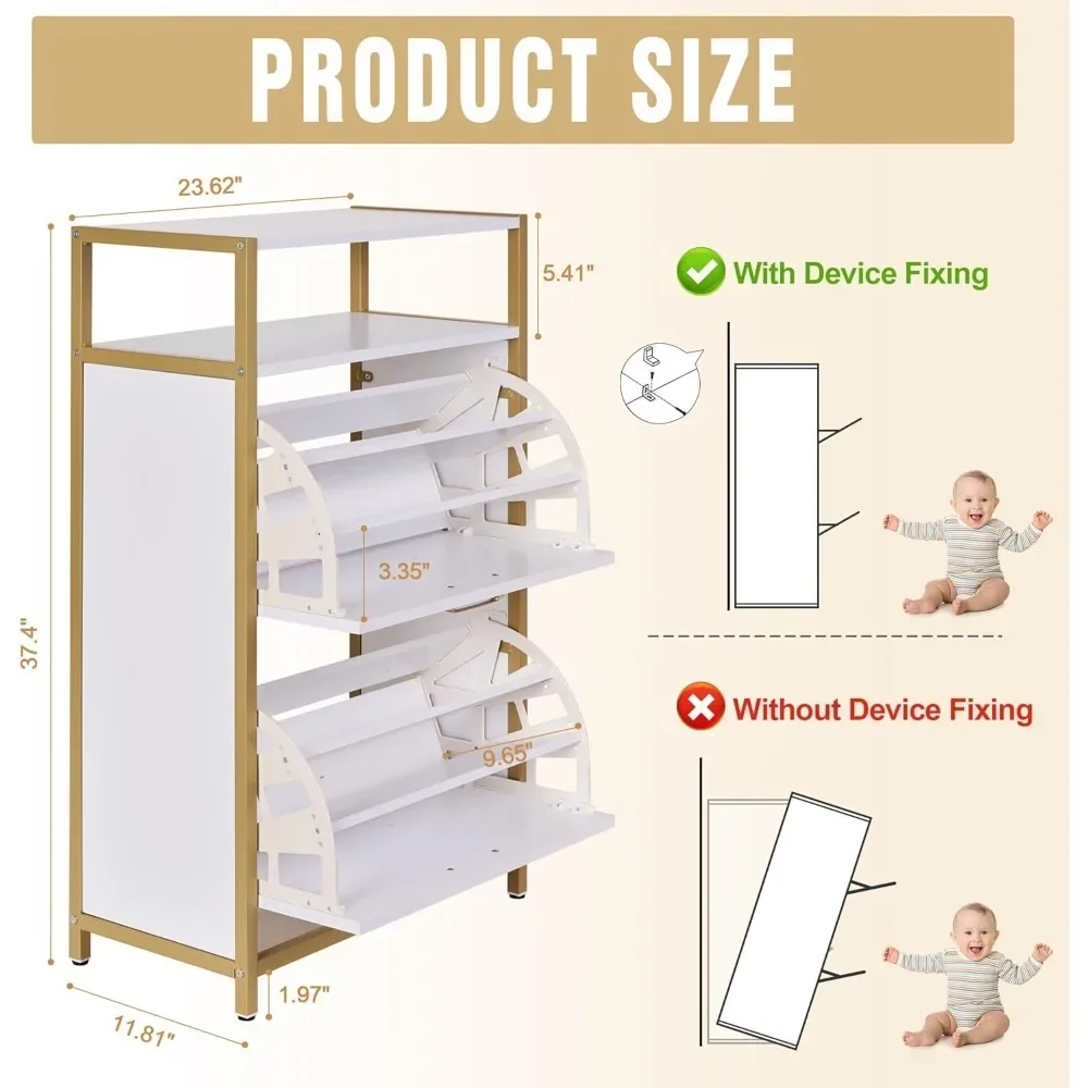 Shoe Storage Cabinet With 2 Flip Drawers For Entryway, Modern Slim Hidden Freestanding Organizer With Metal Legs|