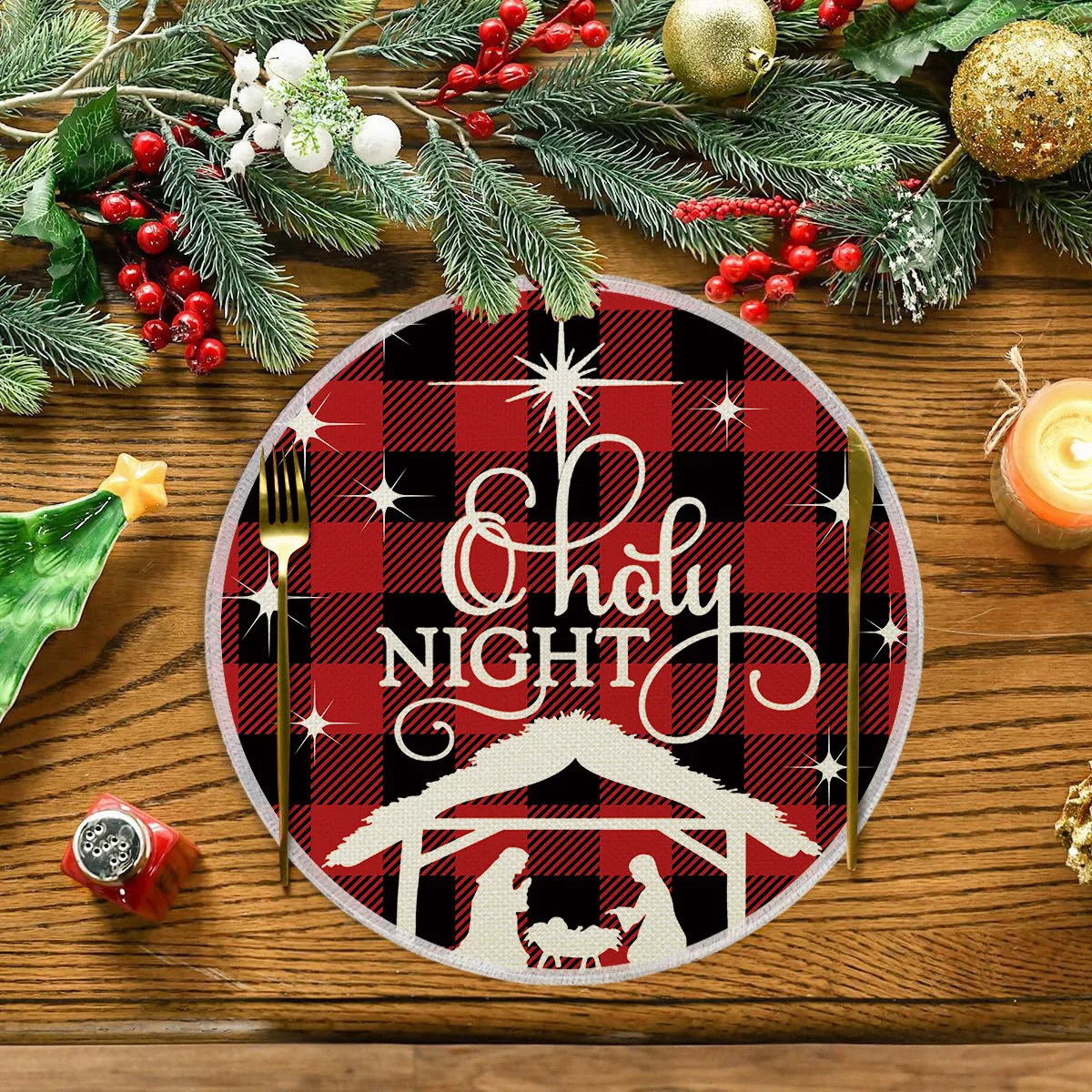 VIKAMA merry christmas red truck round placemat 15 inch 38cm dining table mat non slip waterproof heat resistant