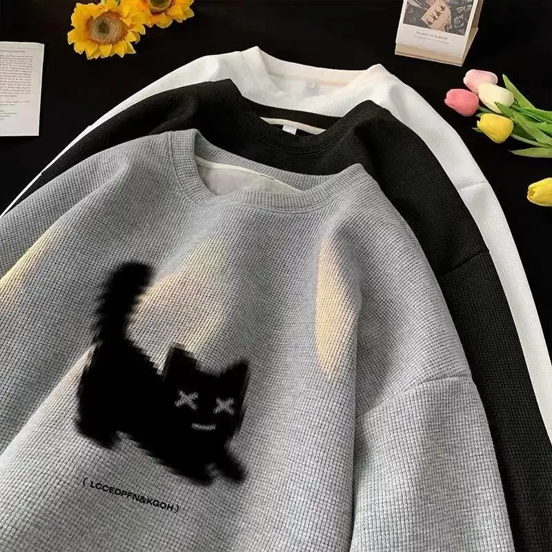 Streetwear Harajuku Waffle Cotton Kawaii Hoodies for Men O-Neck Oversized Sweatshirt Y2K Black Cat HIP HOP Punk Winter Clothes