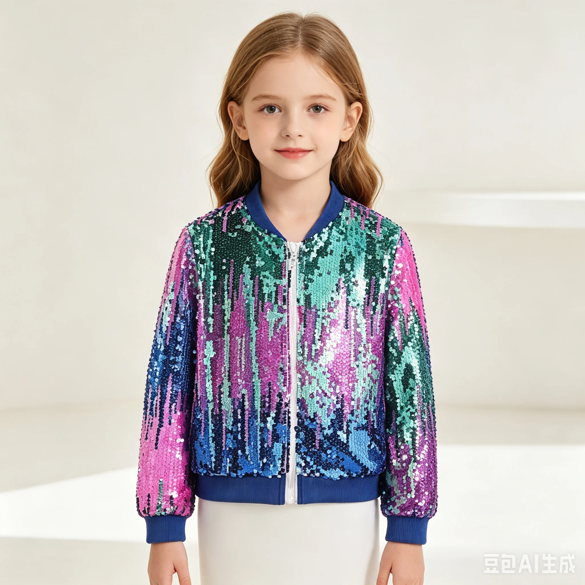 Girls Sequin Bomber Jacket with Pockets Zipper Long Sleeve Sparkle Baseball Jackets for Kid 5-12 Years