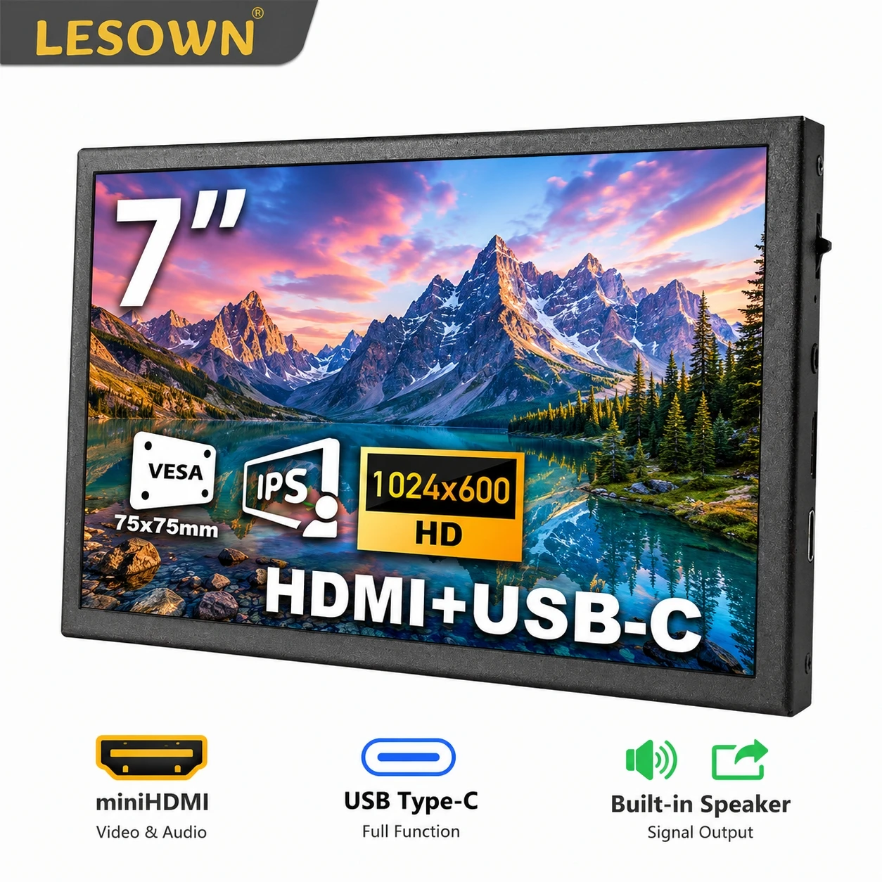 LESOWN Slim 7" IPS Panel HDTV Screen Driver-free Plug and Play for Custom Tech Build Portable Monitor Easy Setup