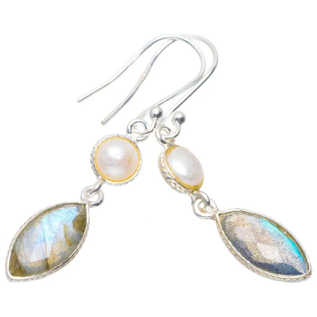 

StarGems® Natural Labradorite and River Pearl Handmade Unique 925 Sterling Silver Earrings 1.75" A2041