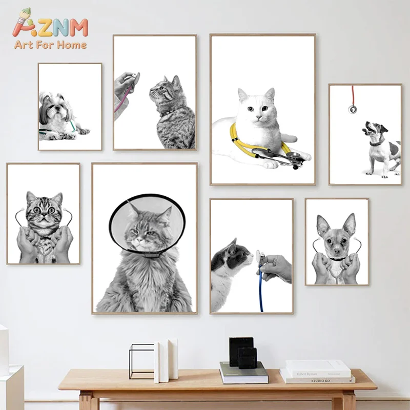 AZNM Black White Vet Clinic Canvas Wall Art Cute Cat Dog Stethoscope Pet Medical Portrait Minimalist Veterinary Unframed Canvas