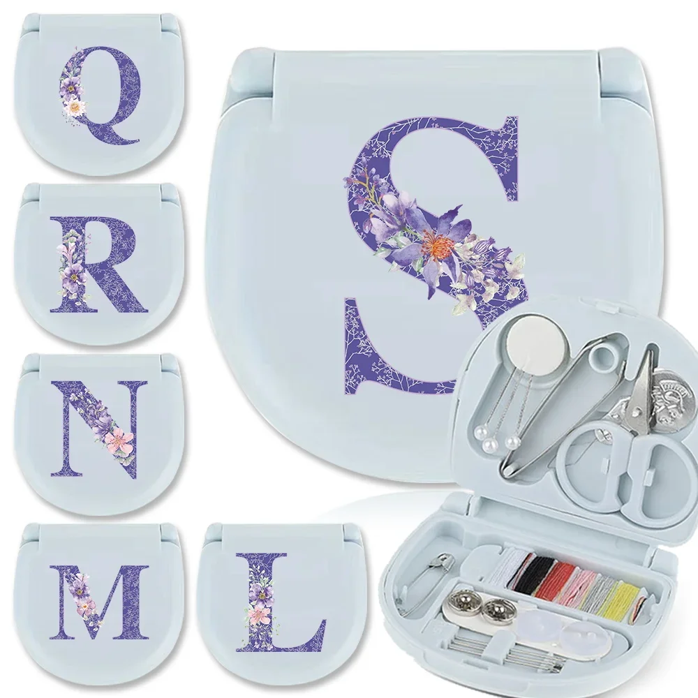 

Travel Sewing Kit Divided Needle Thread Box Portable Pocket Stitching Scissors Bag Mutifunction Purple Flower Letter Pattern