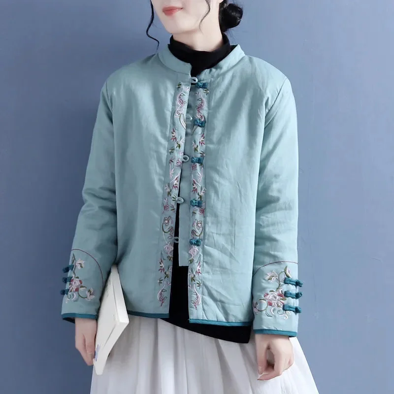 Autumn Winter Cotton Jacket 2024 New Chinoiserie Coil Buckle Women's Clothes Coat Fashion Embroidery Loose Outeawer Female