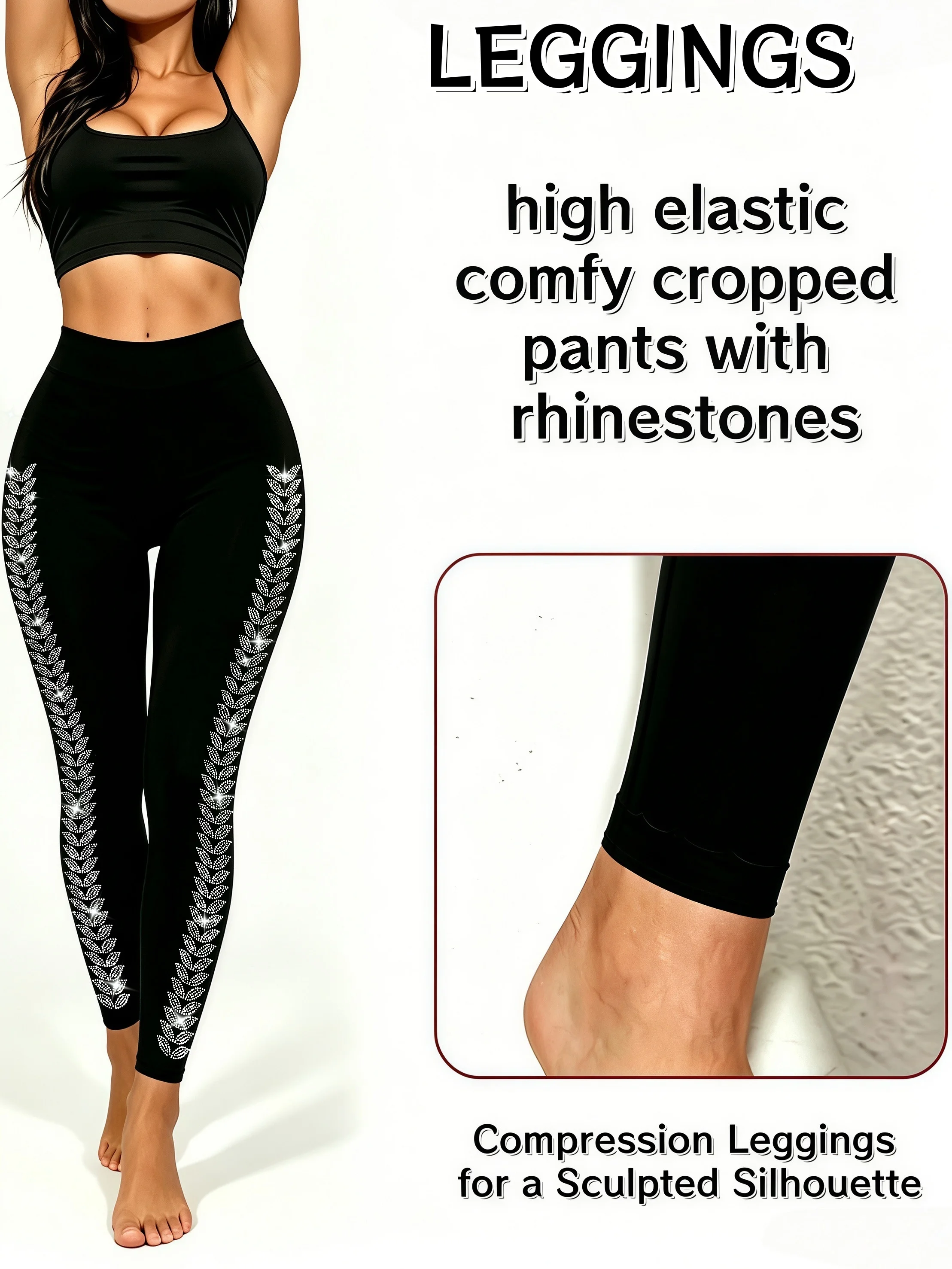 Women's side leaf rhinestone leggings high elastic skinny breathable skin friendly versatile black cropped pants for outings