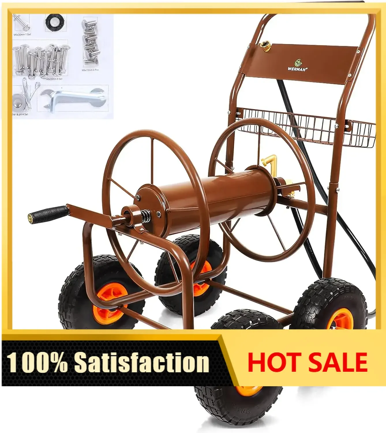 Upgrade Hose Reel Cart, Garden Hose Cart 4 Wheels, Holds 300ft 5/8