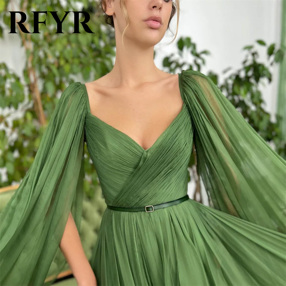 RFYR Green Chiffion Elegant Wedding Party Dress Pleat Celebrity Dresses V Neck Special Occasion Dresses with Belt robes du soir