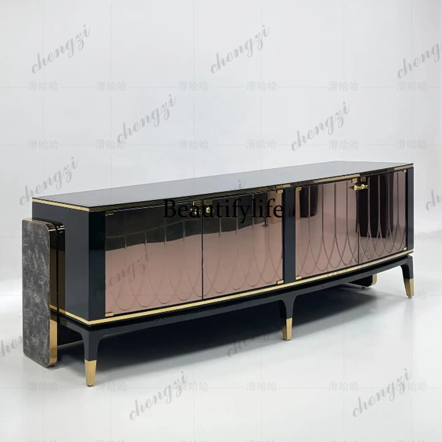 A73 Italian light luxury creative TV cabinet villa living room tempered glass advanced storage wooden storage cabinet