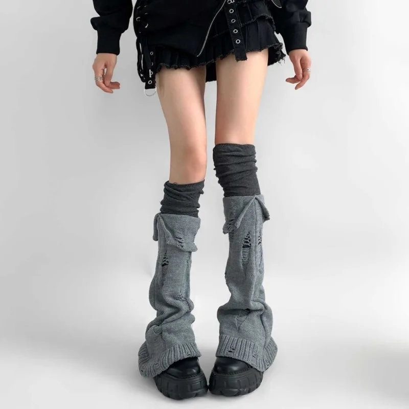 

Girls Y2K Japanese Style Knit Sock Leg Warmers Hole Punk Distressed Stackable Boot Socks Goth Fairy Grunge Harajuku Streetwear