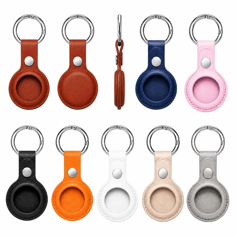 Leather Holder Keychain Protective Case with Metal Ring, Anti-Lost Tracker Cover for Dog Collar, Pet Tag, Backpack and Luggage