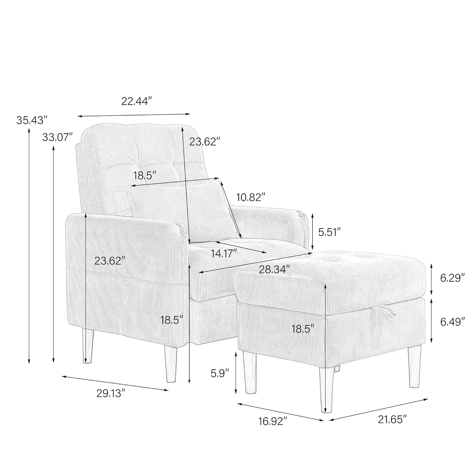 Accent Chairs with Storage Ottoman, Corduroy Fabric Armchair with Adjustable Backrest and Side Pockets, Mid Century, Customized