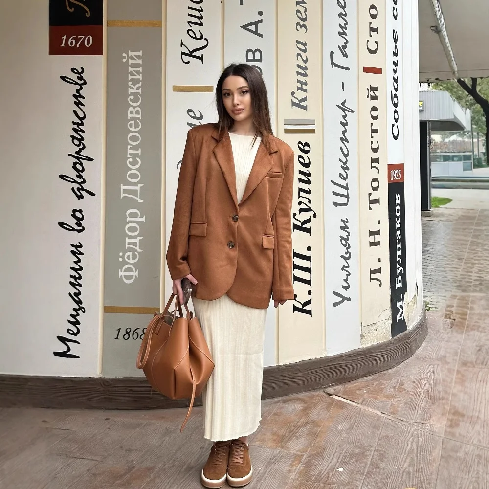 Tesco Casual Women Coat Light Brown Notch Lapel Single Breasted Jacket Flap Pocket Women's Blazer 2025