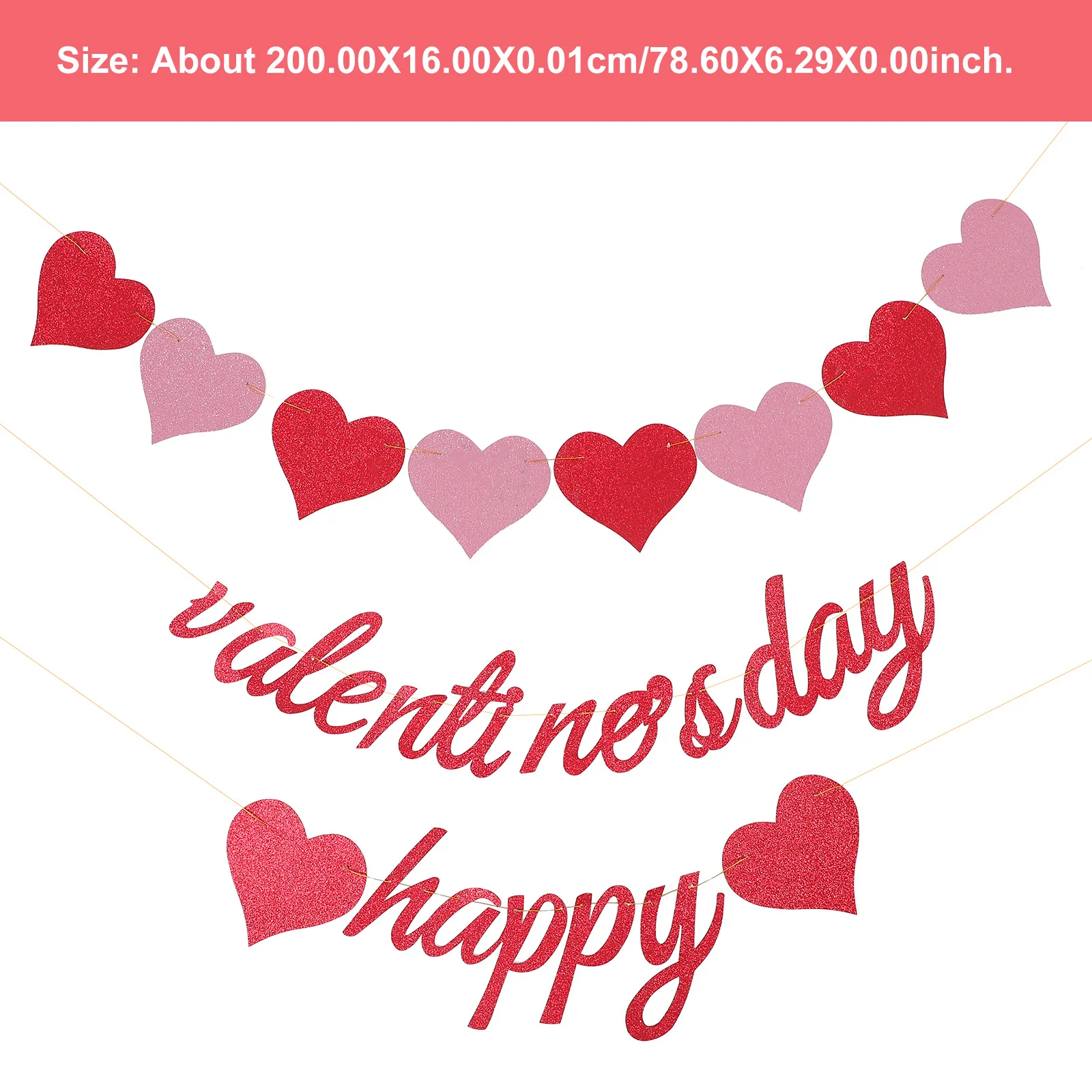 2Pcs Glitter String Flags Heart-Shaped Hanging Garlands Stylish Party Ornaments for Love Confession Celebration Decorations